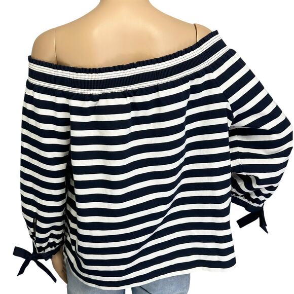 J. Crew Striped Off The Shoulder Top Navy Blue White Bow Sleeve G2549 Size L - Picture 6 of 13